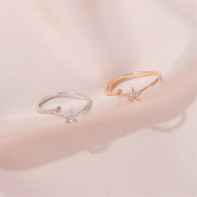 Korean Style Five-Pointed Star Diamond-Set Adjustable Ring for Women