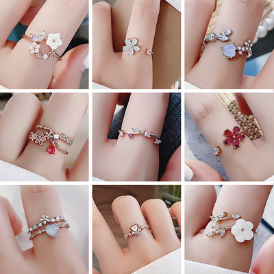 Korean Fashion Crystal Zircon Flower Adjustable Ring