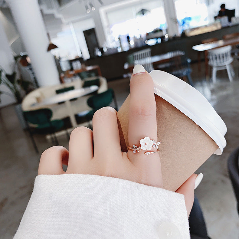 Korean Fashion Crystal Zircon Flower Adjustable Ring