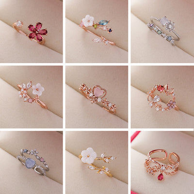 Korean Fashion Crystal Zircon Flower Adjustable Ring