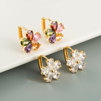 Korean Flower Design Brass Zircon Stud Earrings for Women