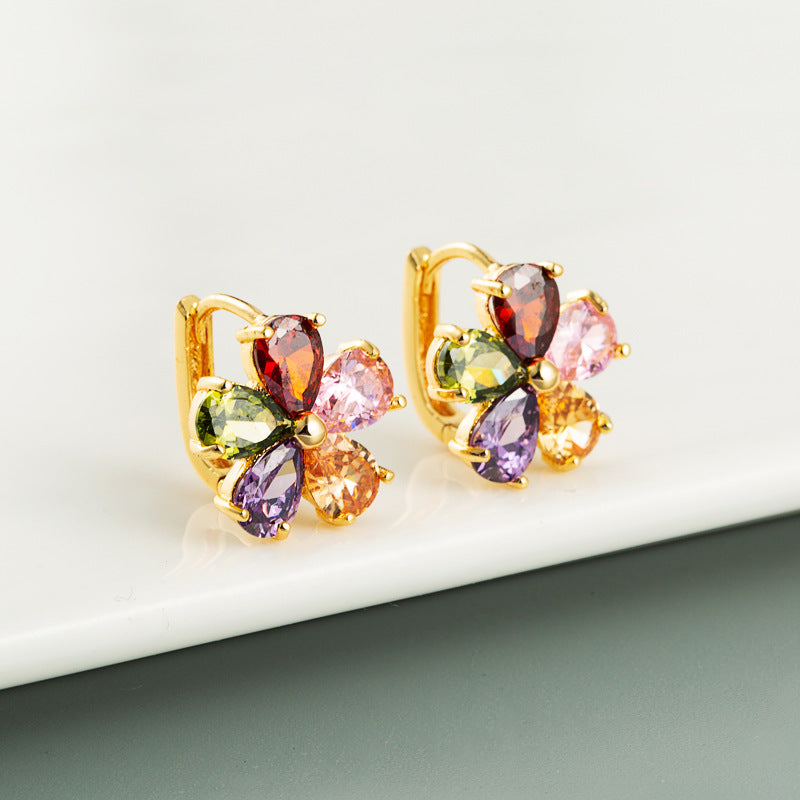 Korean Flower Design Brass Zircon Stud Earrings for Women