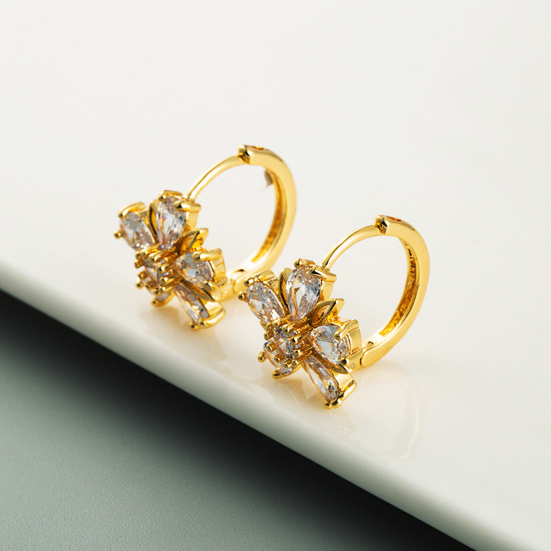 Korean Flower Design Brass Zircon Stud Earrings for Women