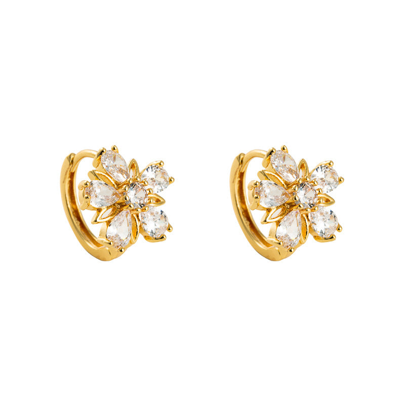 Korean Flower Design Brass Zircon Stud Earrings for Women