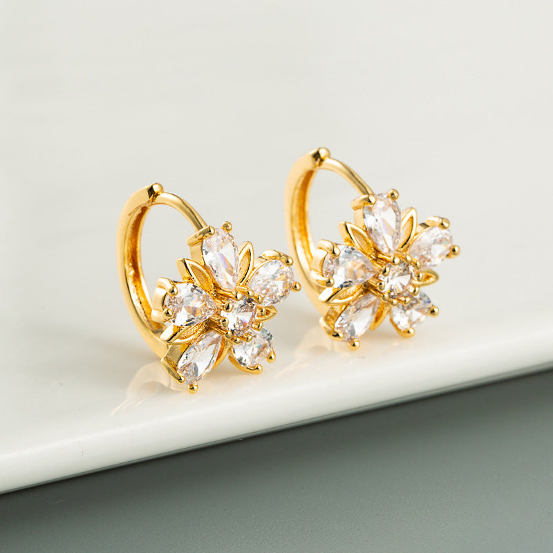 Korean Flower Design Brass Zircon Stud Earrings for Women