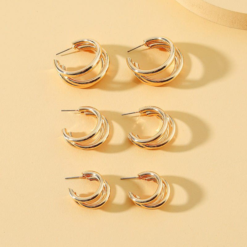 Korean Geometric Triple Circle Alloy Earrings - Trendy Vintage Style