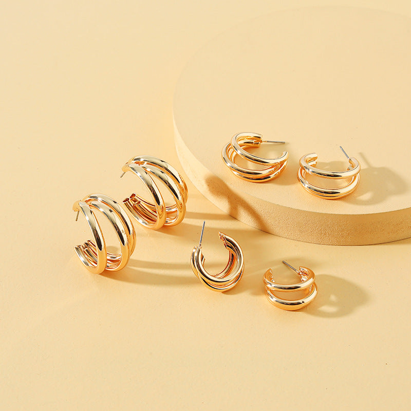 Korean Geometric Triple Circle Alloy Earrings - Trendy Vintage Style