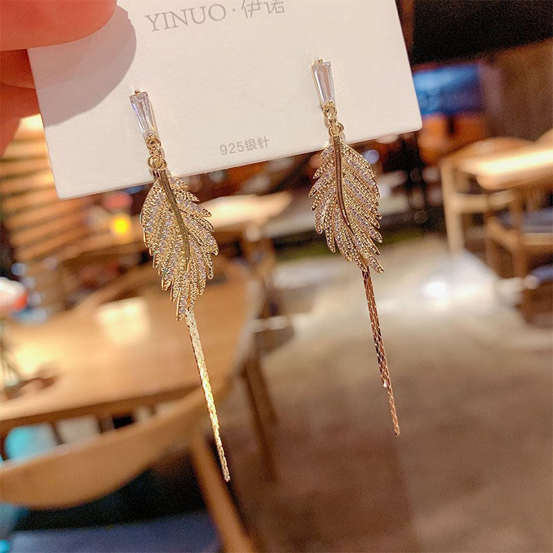 Korean Leaf Rhinestone Feather Tassel Earrings with 925 Silver Needle