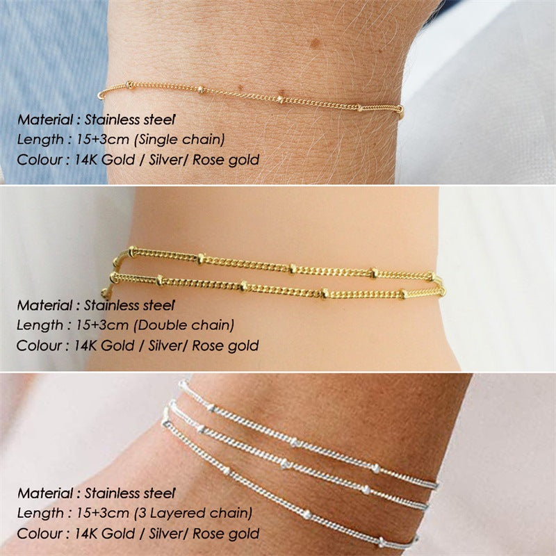 Korean Stainless Steel Double-Layer Bead Chain Adjustable Bracelet - Fashionable Handmade Copper Bead Bracelet for Women