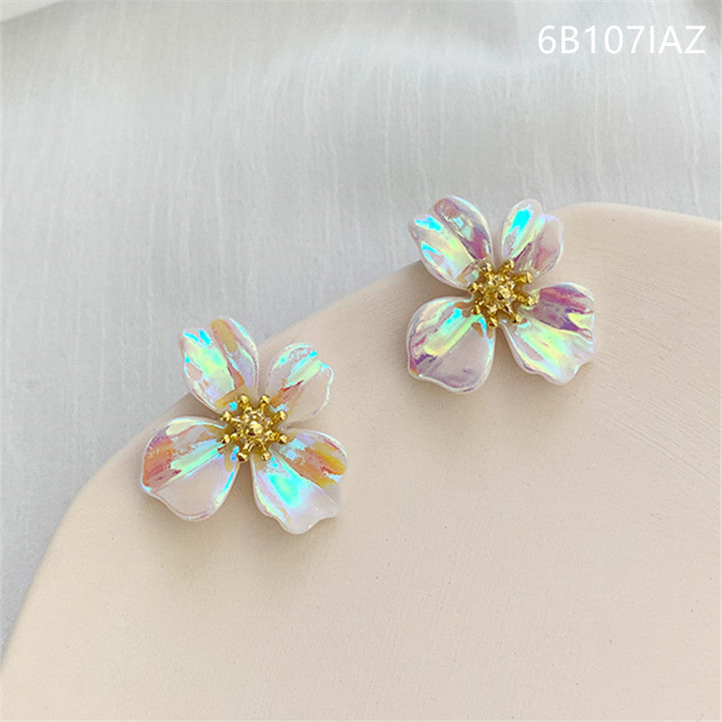 Korean Colorful Flower Earrings and Beaded Pearl Necklace Set for Women