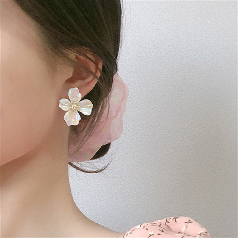 Korean Colorful Flower Earrings and Beaded Pearl Necklace Set for Women