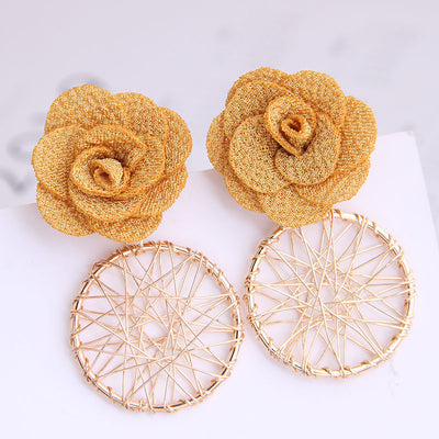 Korean Fashion Sweet Flower Metal Mesh Long Drop Earrings Fashion Jewelry