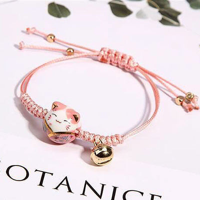 Korean Fashion Ceramic Lucky Cat Adjustable Weaving Bracelet for Women