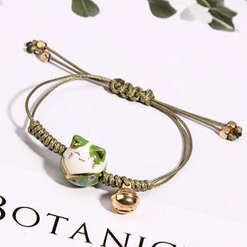Korean Fashion Ceramic Lucky Cat Adjustable Weaving Bracelet for Women