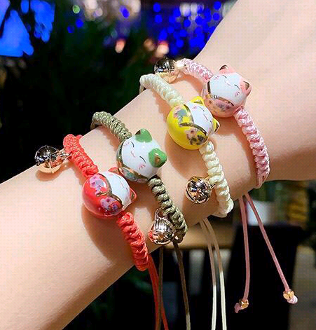 Korean Fashion Ceramic Lucky Cat Adjustable Weaving Bracelet for Women