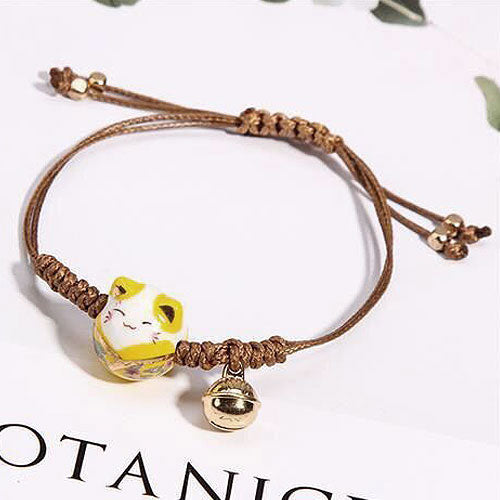 Korean Fashion Ceramic Lucky Cat Adjustable Weaving Bracelet for Women
