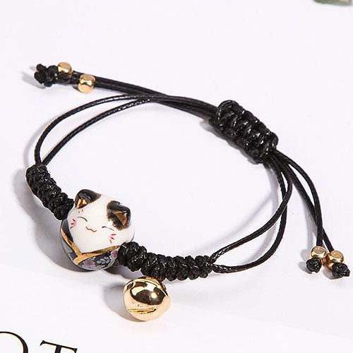 Korean Fashion Ceramic Lucky Cat Adjustable Weaving Bracelet for Women