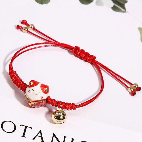 Korean Fashion Ceramic Lucky Cat Adjustable Weaving Bracelet for Women