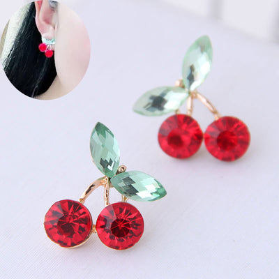 Korean Fashion Cherry Zircon Earrings and Strawberry Friendship Rings Set