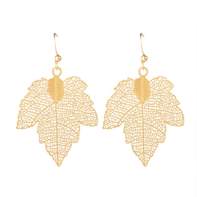 Korean Style Hollow Carved Metal Leaf Drop Earrings