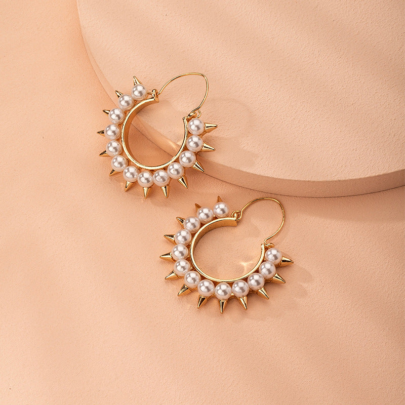 Korean Pearl Sterling Silver Hoop Earrings - Trendy Semi-Circle Design