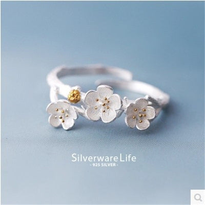 Korean S925 Sterling Silver Plum Blossom Adjustable Ring for Women
