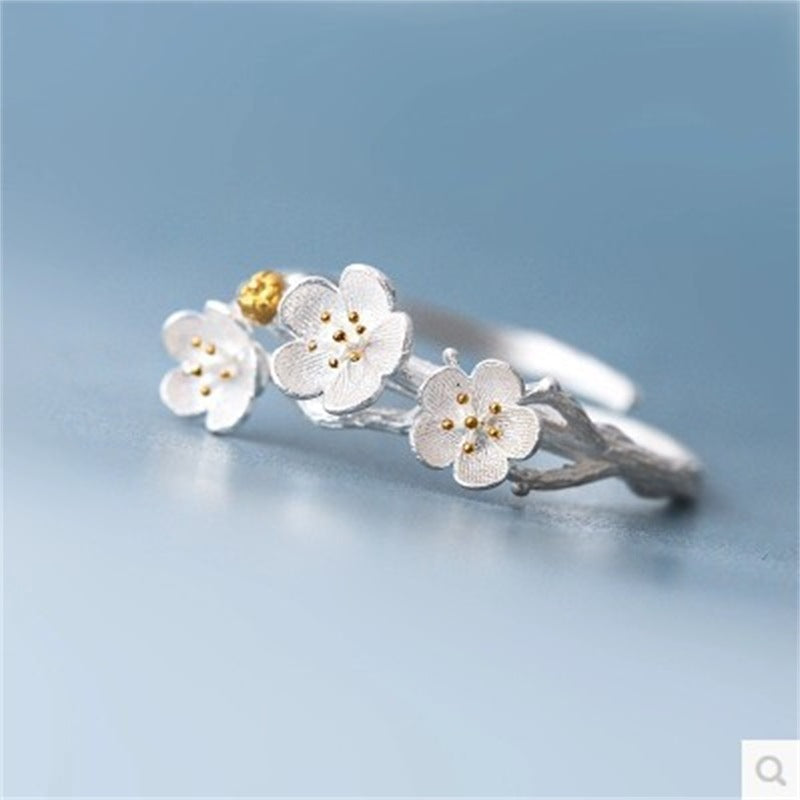 Korean S925 Sterling Silver Plum Blossom Adjustable Ring for Women