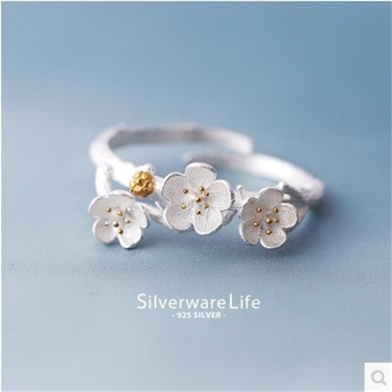 Korean S925 Sterling Silver Plum Blossom Adjustable Ring for Women
