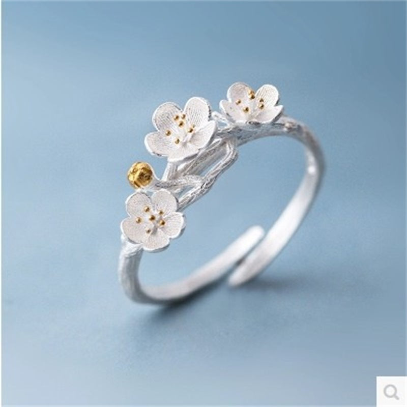 Korean S925 Sterling Silver Plum Blossom Adjustable Ring for Women