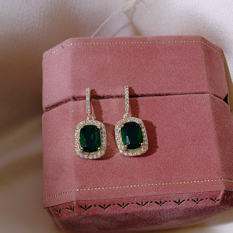 Korean Retro Geometric Emerald Stud Earrings 925 Silver