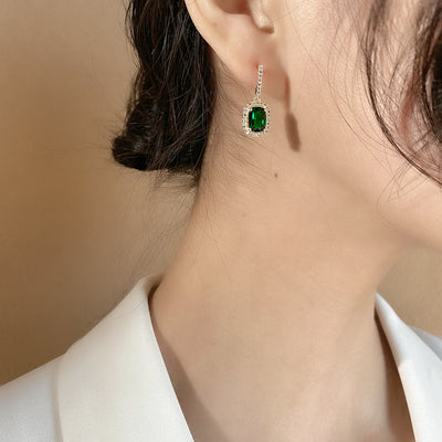 Korean Retro Geometric Emerald Stud Earrings 925 Silver
