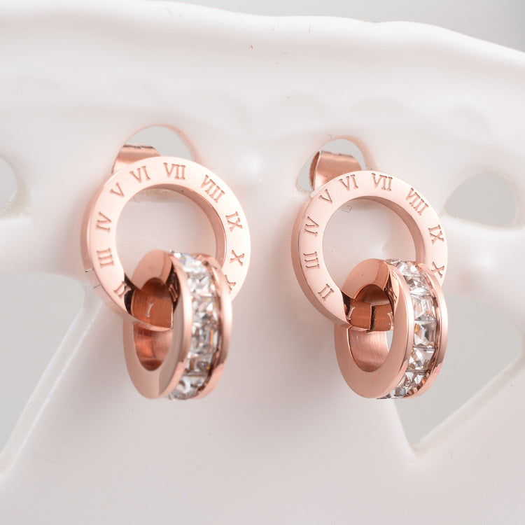 Korean Roman Numeral Double Ring Titanium Steel Earrings in Rose Gold