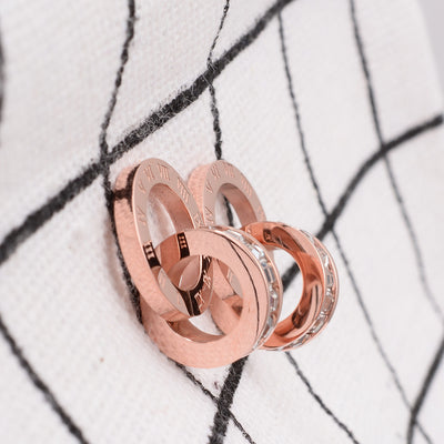 Korean Roman Numeral Double Ring Titanium Steel Earrings in Rose Gold