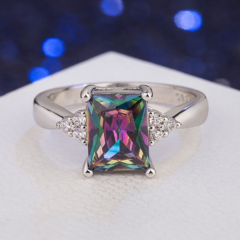 Korean Style Colorful Stone Micro-inlaid Zircon Square Ring for Women