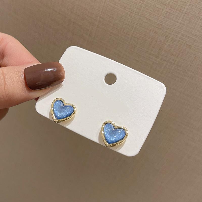 Korean Style Blue Heart-shaped Earrings with 925 Silver Studs