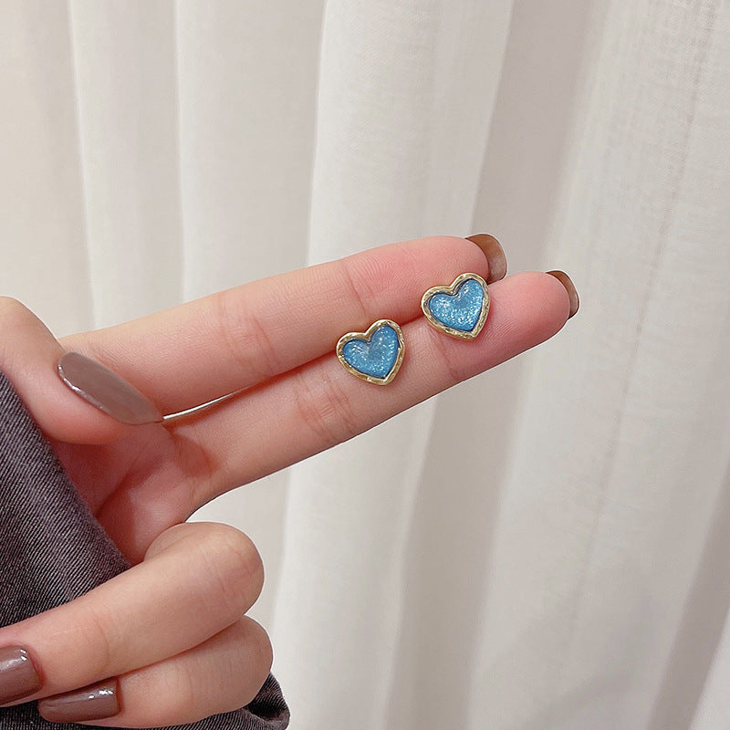 Korean Style Blue Heart-shaped Earrings with 925 Silver Studs