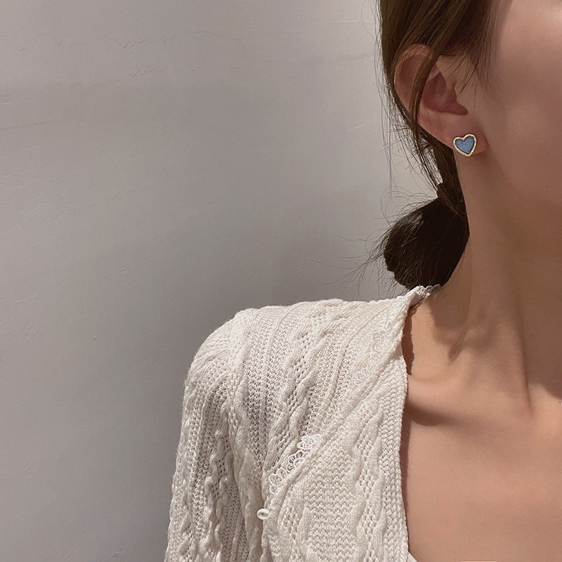 Korean Style Blue Heart-shaped Earrings with 925 Silver Studs