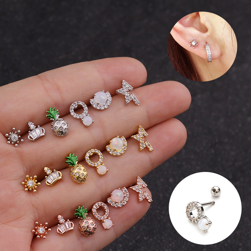 Korean Style Pineapple Zircon Stainless Steel Stud Earrings