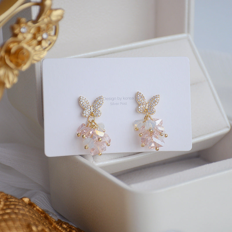 Korean Crystal Butterfly Earrings and Gold Heart Pendant Necklace