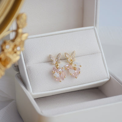 Korean Crystal Butterfly Earrings and Gold Heart Pendant Necklace