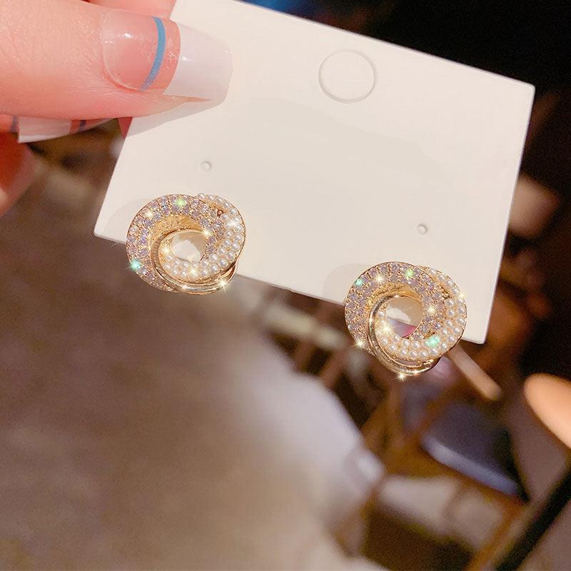 Korean Geometric Diamond Pearl Stud Earrings 925 Silver Needle