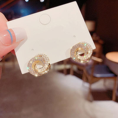 Korean Geometric Diamond Pearl Stud Earrings 925 Silver Needle