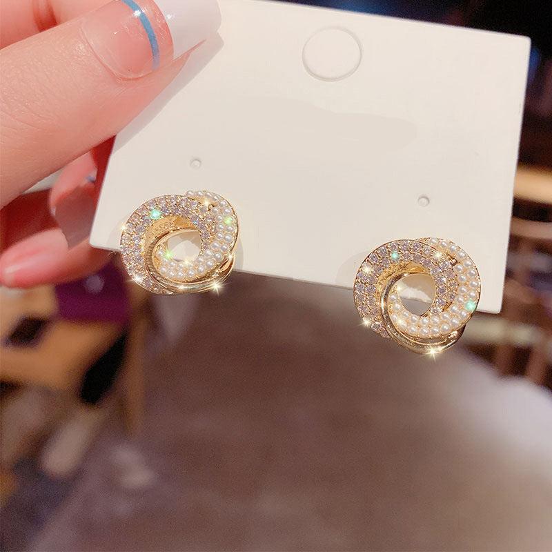 Korean Geometric Diamond Pearl Stud Earrings 925 Silver Needle