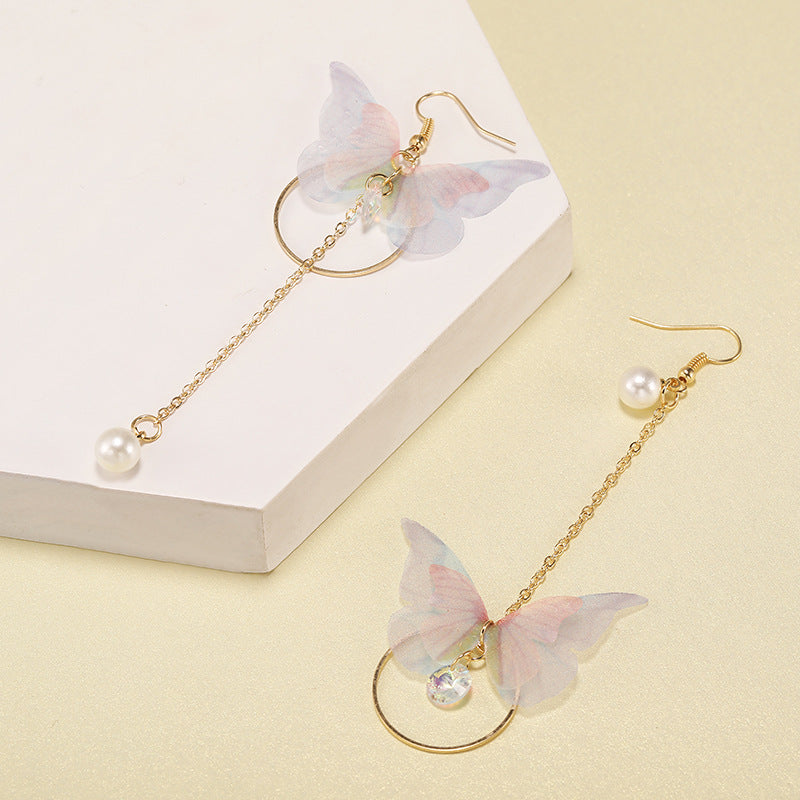 Korean Asymmetric Butterfly Long Tassel Earrings with Circle Pearl Zircon Retro Design