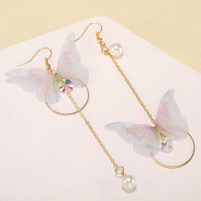 Korean Asymmetric Butterfly Long Tassel Earrings with Circle Pearl Zircon Retro Design