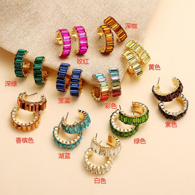 Korean Vintage Colorful Rhinestone C-Shaped Earrings