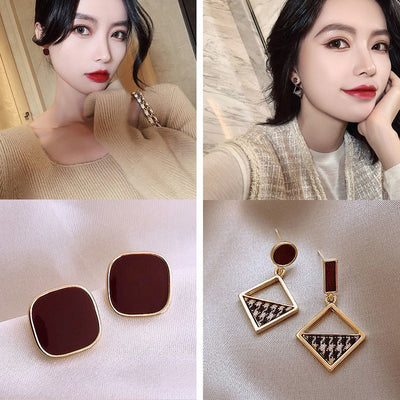 Geometric Alloy Plated Pearl and Leather Earrings for Women