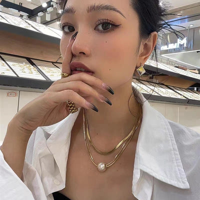 Elegant Geometric Pearl Layered Titanium Steel Necklace for Women