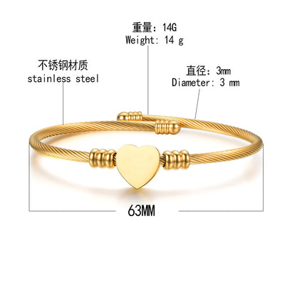 Heart Shape Stainless Steel Cable Bangle Bracelet