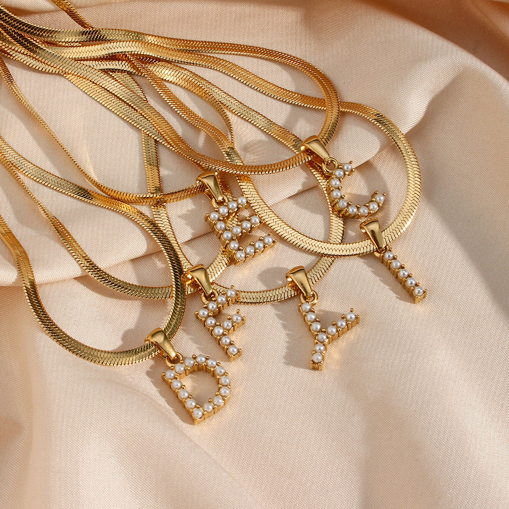 Elegant Letter Pendant Necklace with 18K Gold Plated Snake Chain and Artificial Pearls